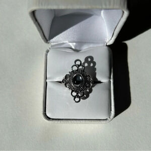 Vintage Gothic Black Stone Silver Tone Ornate Ring by Avon Size 6/7